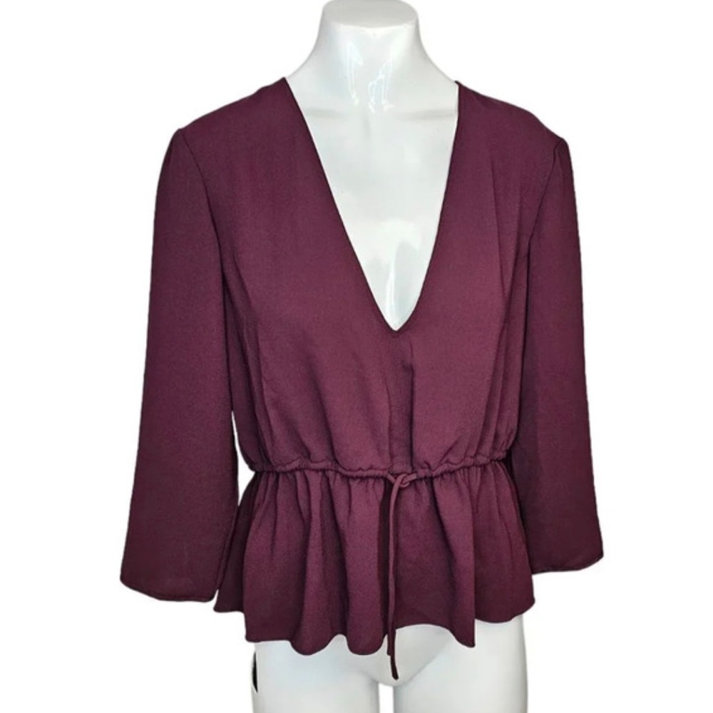 ARITZIA WILFRED Barreme V Neck Drawstring Blouse Wine Burgundy Size Small